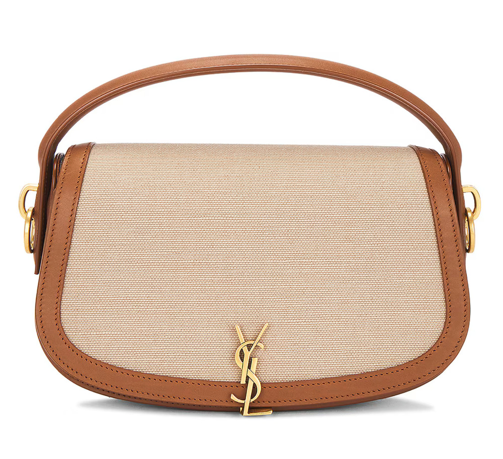 Saint Laurent Voltaire Beige Canvas Brown Leather YSL Shoulder Top Handle Bag
